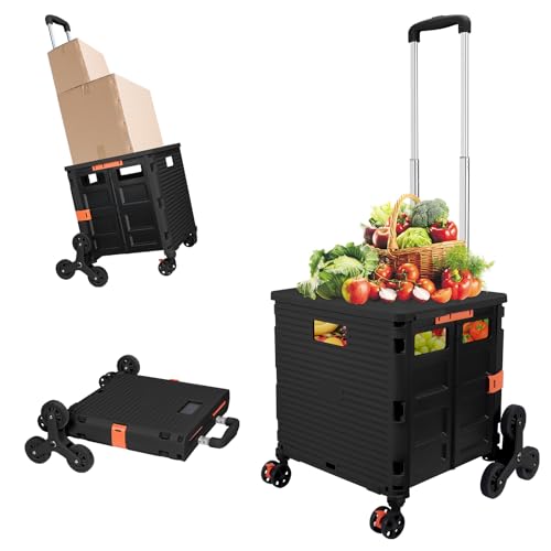 FELICON SELORSS Folding Utility Cart Portable Rolling Crate Handcart with Stair Climbing Wheels360Swivel Wheels Telescoping Handle Plastic Box Dolly for Travel Shop Move Office Teacher UseBlack