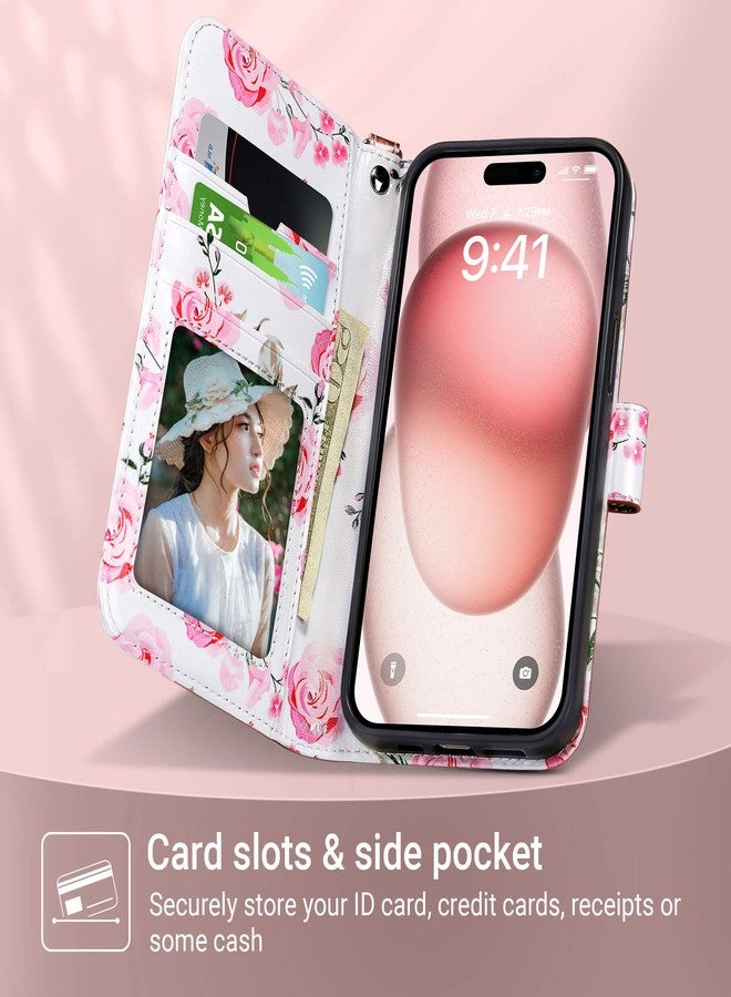 ULAK Compatible with iPhone 15 Wallet Case for Women, Premium PU Leather Floral Flip Cover with Card Holder, Kickstand Feature Protective Purse Case for iPhone 15 2023 6.1 Inch, Rose Gold - Image 2