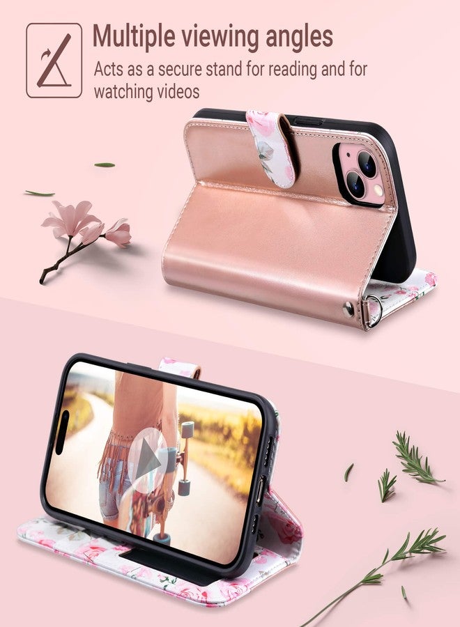 ULAK Compatible with iPhone 15 Wallet Case for Women, Premium PU Leather Floral Flip Cover with Card Holder, Kickstand Feature Protective Purse Case for iPhone 15 2023 6.1 Inch, Rose Gold - Image 3
