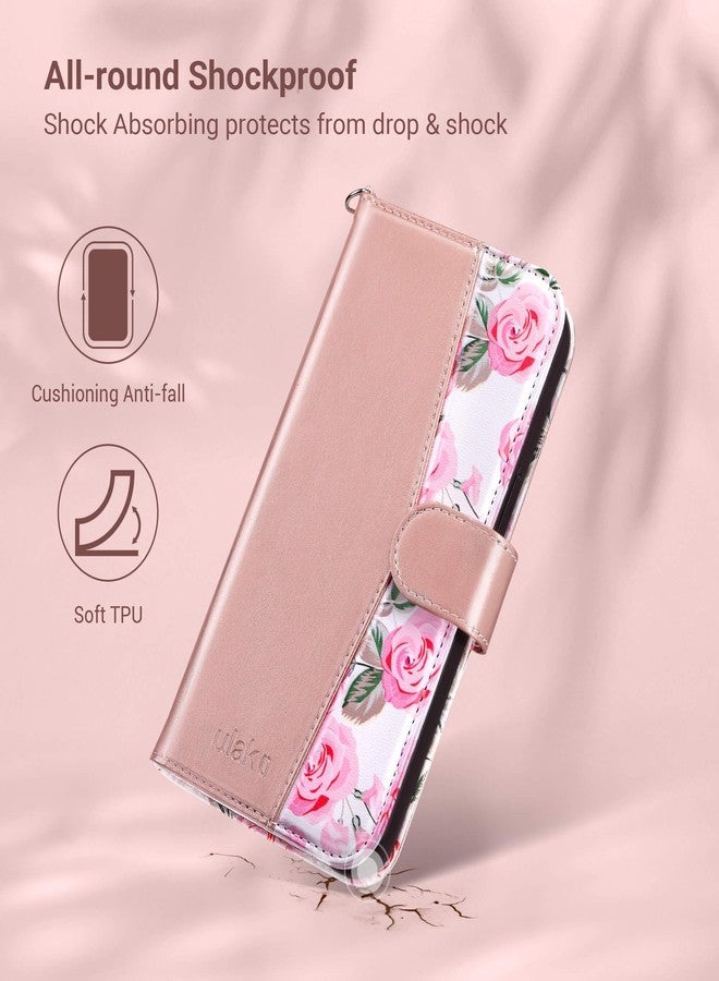 ULAK Compatible with iPhone 15 Wallet Case for Women, Premium PU Leather Floral Flip Cover with Card Holder, Kickstand Feature Protective Purse Case for iPhone 15 2023 6.1 Inch, Rose Gold - Image 5