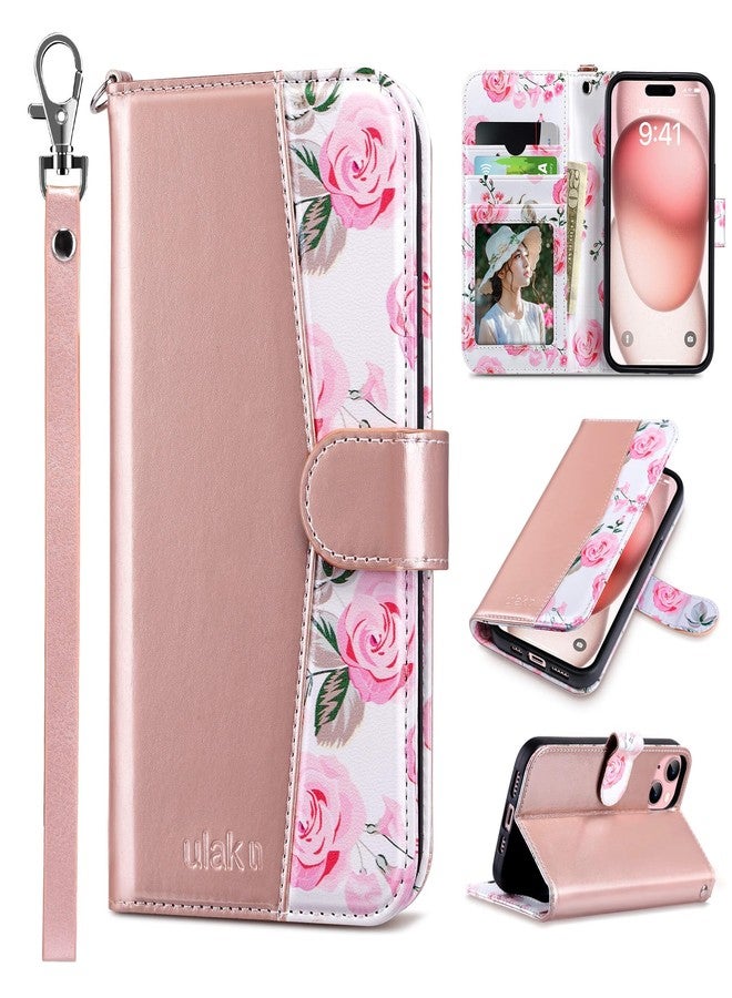 ULAK Compatible with iPhone 15 Wallet Case for Women, Premium PU Leather Floral Flip Cover with Card Holder, Kickstand Feature Protective Purse Case for iPhone 15 2023 6.1 Inch, Rose Gold - Image 1