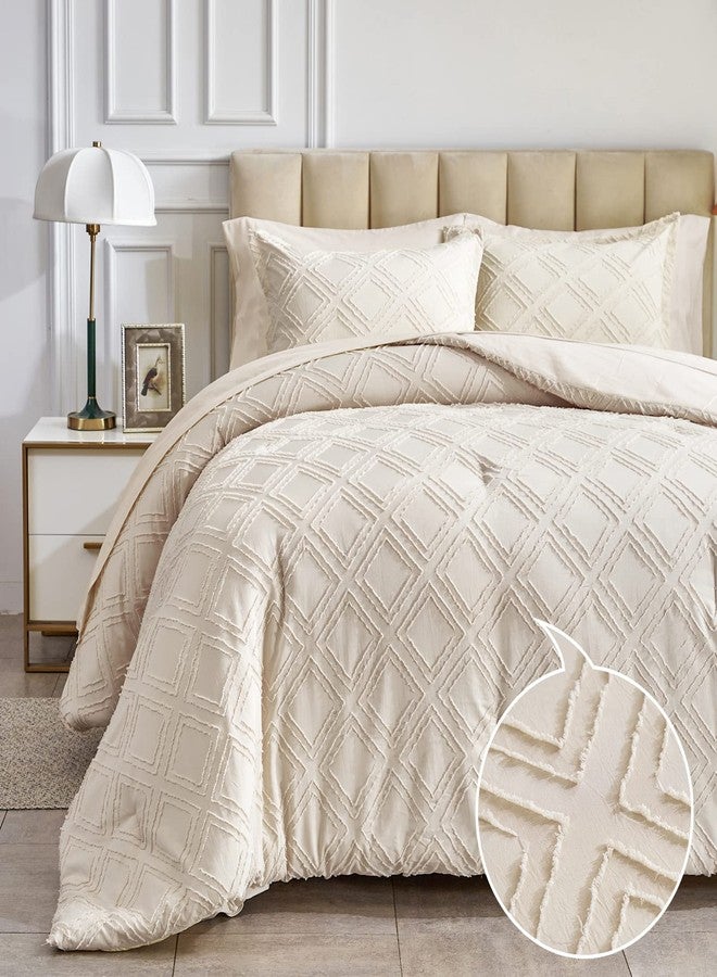 Flysheep 7 Pieces Tufted Bed in a Bag Queen Comforter Set with Sheets Beige, Soft and Embroidery Shabby Chic Boho Bohemian, Luxury Solid Color with Diamond Pattern, Jacquard Tufts Bedding Set for All Season - Image 1