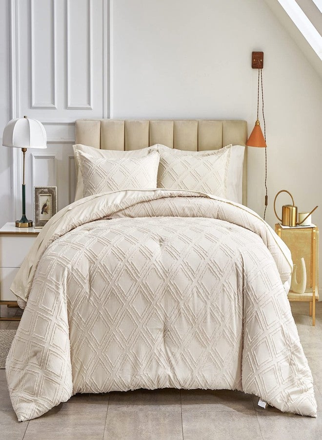 Flysheep 7 Pieces Tufted Bed in a Bag Queen Comforter Set with Sheets Beige, Soft and Embroidery Shabby Chic Boho Bohemian, Luxury Solid Color with Diamond Pattern, Jacquard Tufts Bedding Set for All Season - Image 4
