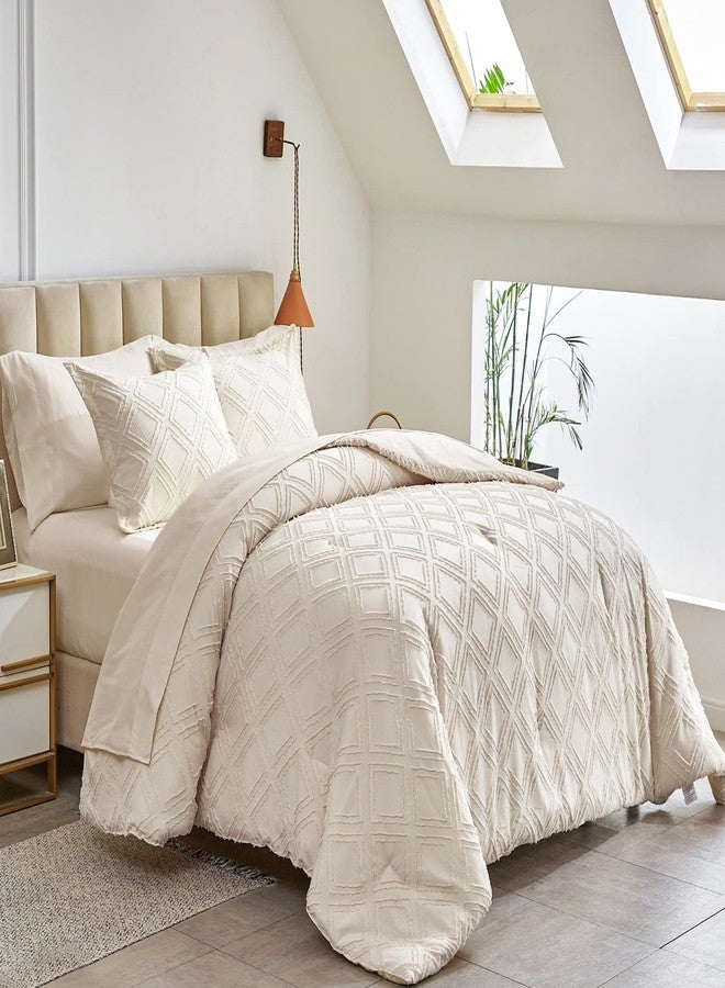 Flysheep 7 Pieces Tufted Bed in a Bag Queen Comforter Set with Sheets Beige, Soft and Embroidery Shabby Chic Boho Bohemian, Luxury Solid Color with Diamond Pattern, Jacquard Tufts Bedding Set for All Season - Image 2