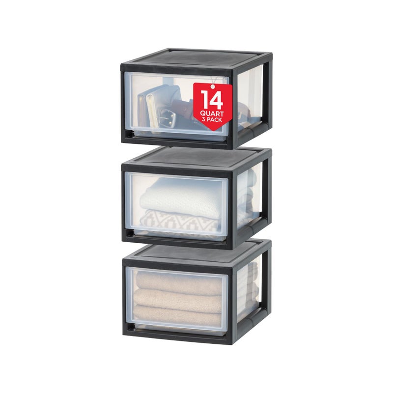 IRIS USA 145 Qt Plastic Drawer Storage Organizer Stacking Drawers 3Pack Stackable Unit with Sliding Drawer for Clothes Bedroom Kitchen Under Sink Pantry Craft Room Bathroom Dorm Office Black