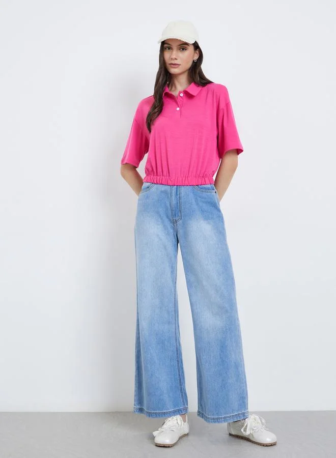 Take Two Take Two Solid Elastic Hem Polo Neck Top