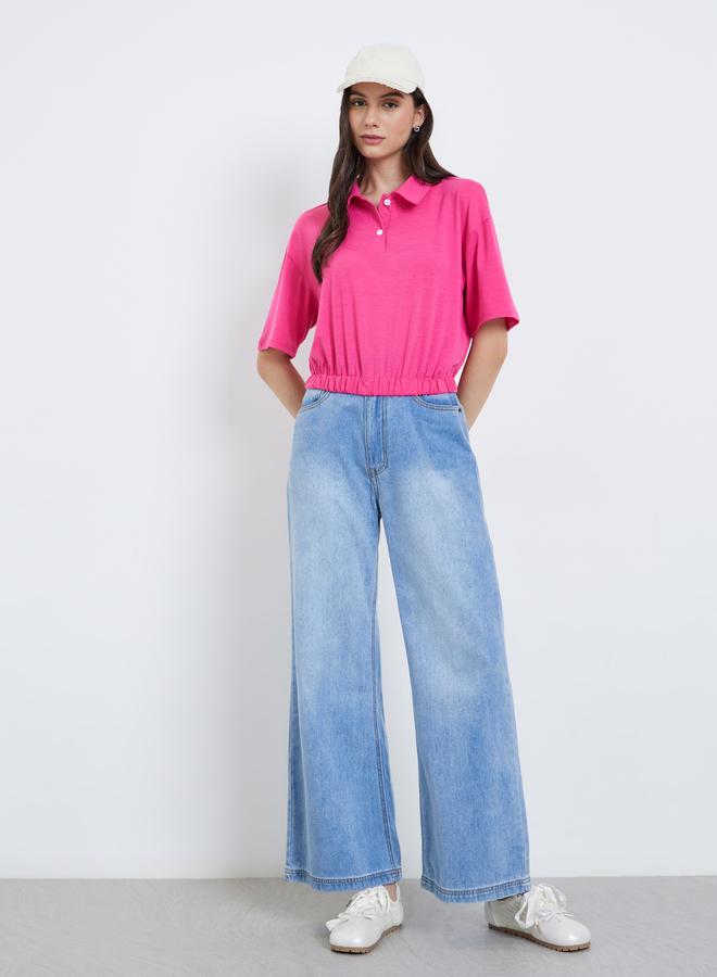 Take Two Solid Elastic Hem Polo Neck Top - Image 2