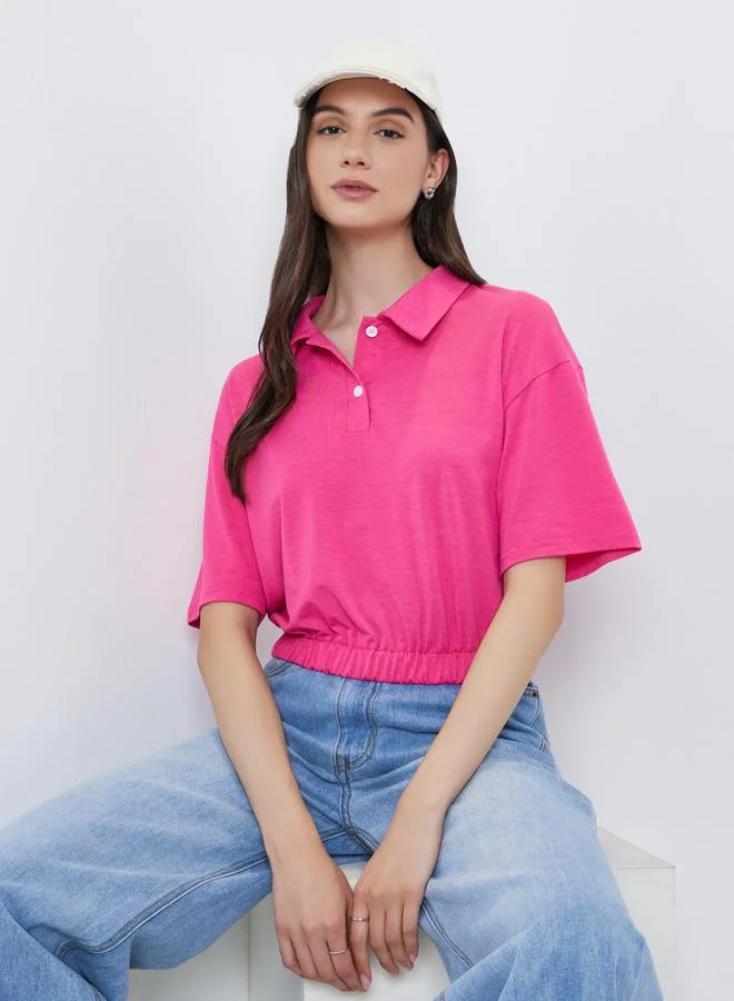 Take Two Take Two Solid Elastic Hem Polo Neck Top
