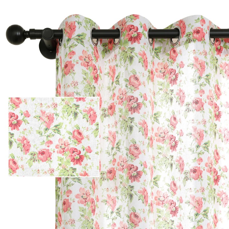 RLoncomix Pink Floral Print Linen Curtains Vintage Rose Window Treatment Curtain Light Filtering Farmhouse Grommet Window Drapes for Living Room Bedroom, 2 Panels, 52 x 84 Inch - Image 2