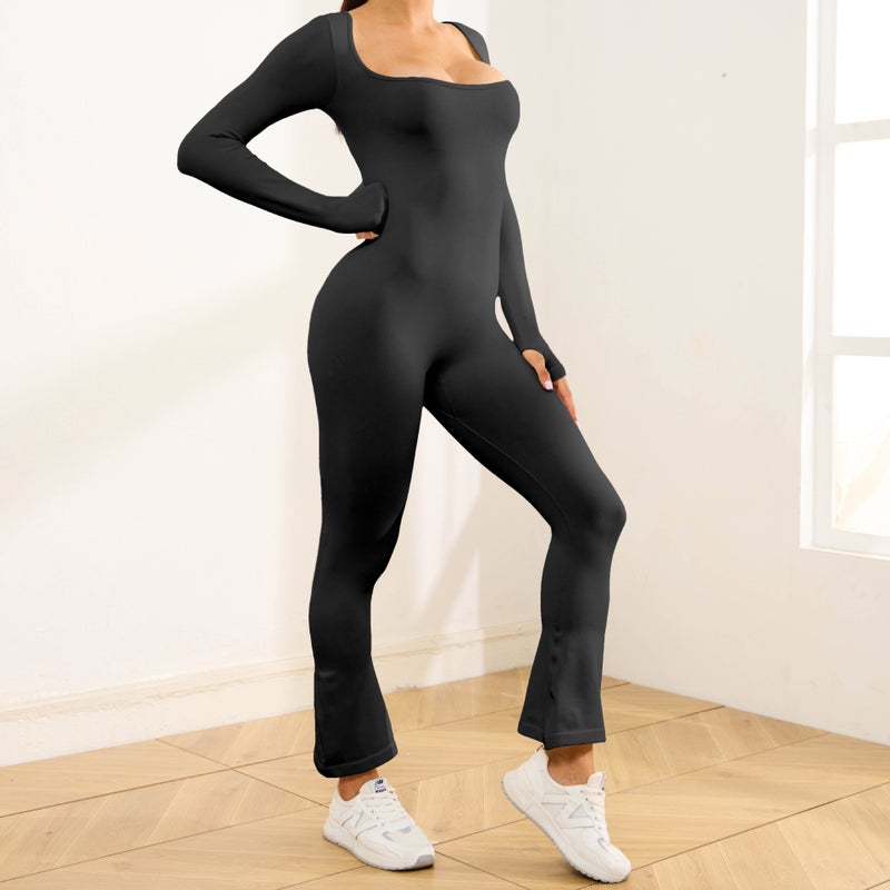 Generic 2023 Autumn Winter Yoga Jumpsuit Flare Pants Thumbhole Black