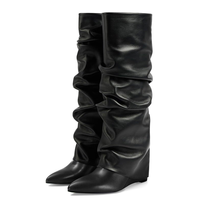 MICIFA Women's Fold Over Boots Slouch Knee High Boots for Women Wedge Heel Pull-on Pointed Toe Wide Calf Tall Shoes Black - Image 1