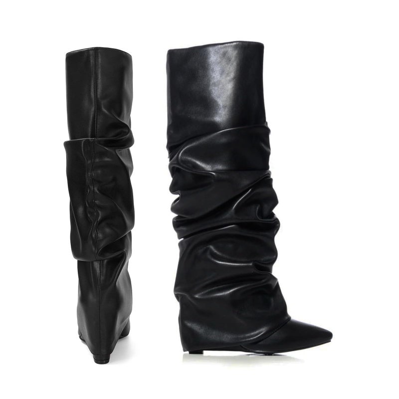 MICIFA Women's Fold Over Boots Slouch Knee High Boots for Women Wedge Heel Pull-on Pointed Toe Wide Calf Tall Shoes Black - Image 5