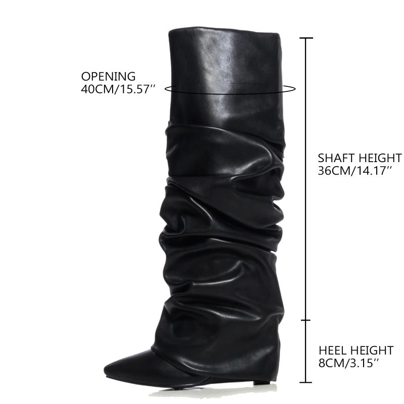 MICIFA Women's Fold Over Boots Slouch Knee High Boots for Women Wedge Heel Pull-on Pointed Toe Wide Calf Tall Shoes Black - Image 4