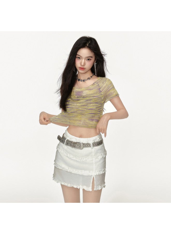 EPTISON Women's Thin Short Sleeve Summer Retro Sweet & Cool Style Large Round Neck Slim Fit Crop Top - Image 2