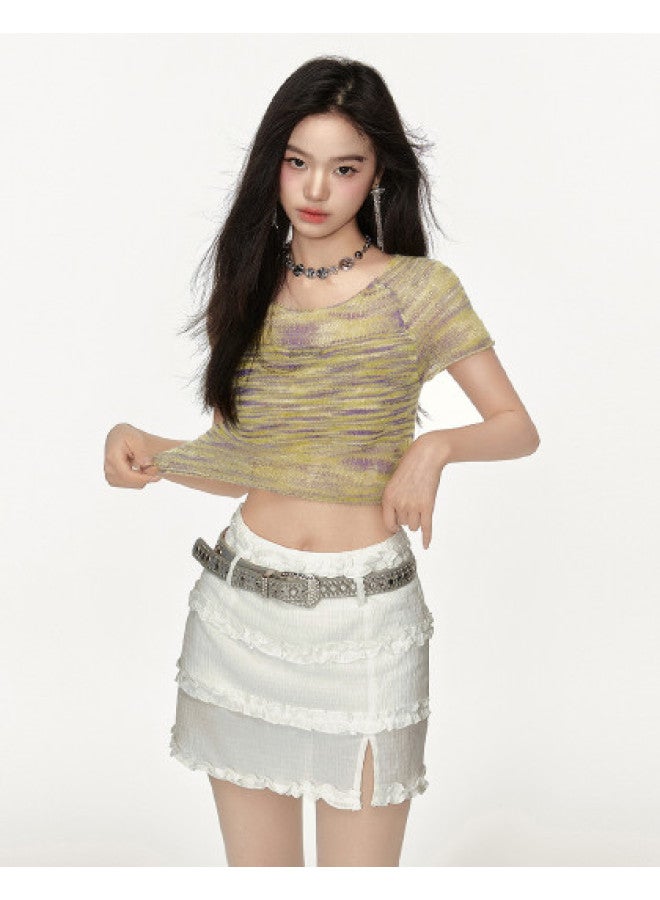 EPTISON Women's Thin Short Sleeve Summer Retro Sweet & Cool Style Large Round Neck Slim Fit Crop Top - Image 1