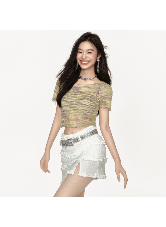 EPTISON Women's Thin Short Sleeve Summer Retro Sweet & Cool Style Large Round Neck Slim Fit Crop Top - Image 3