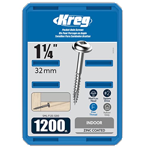 Kreg SML-F125-1200 Zinc Pocket Screws, 1 1/4 Inch, #7 Fine Thread, Maxi-Loc Head (1200 Count) - Image 1