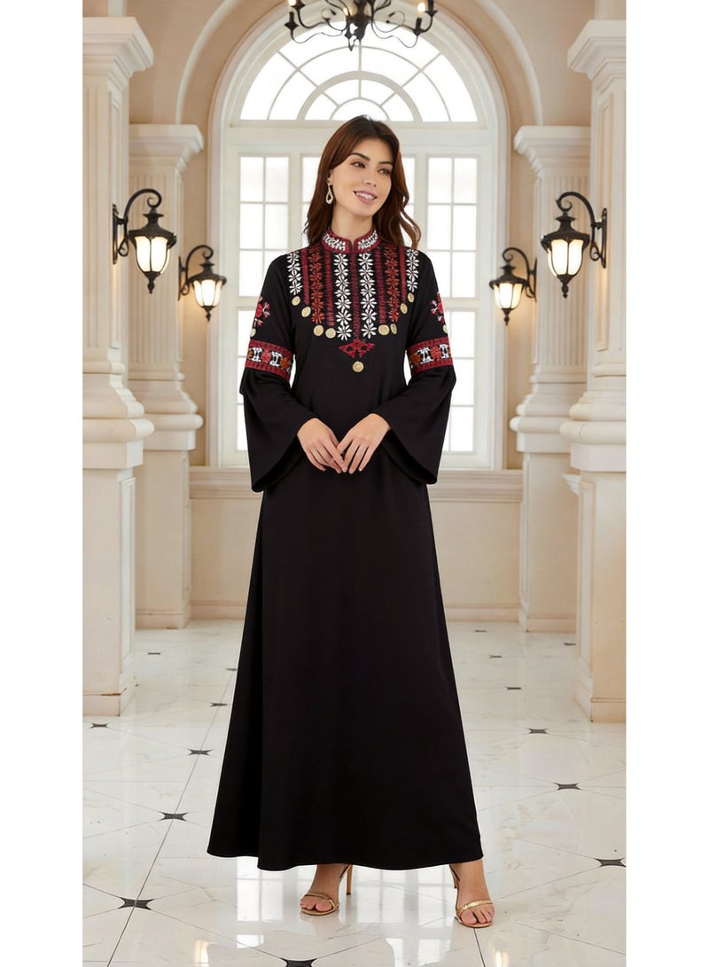 Women's Long Black Abaya with Embroidered Arabic Motifs - Image 1
