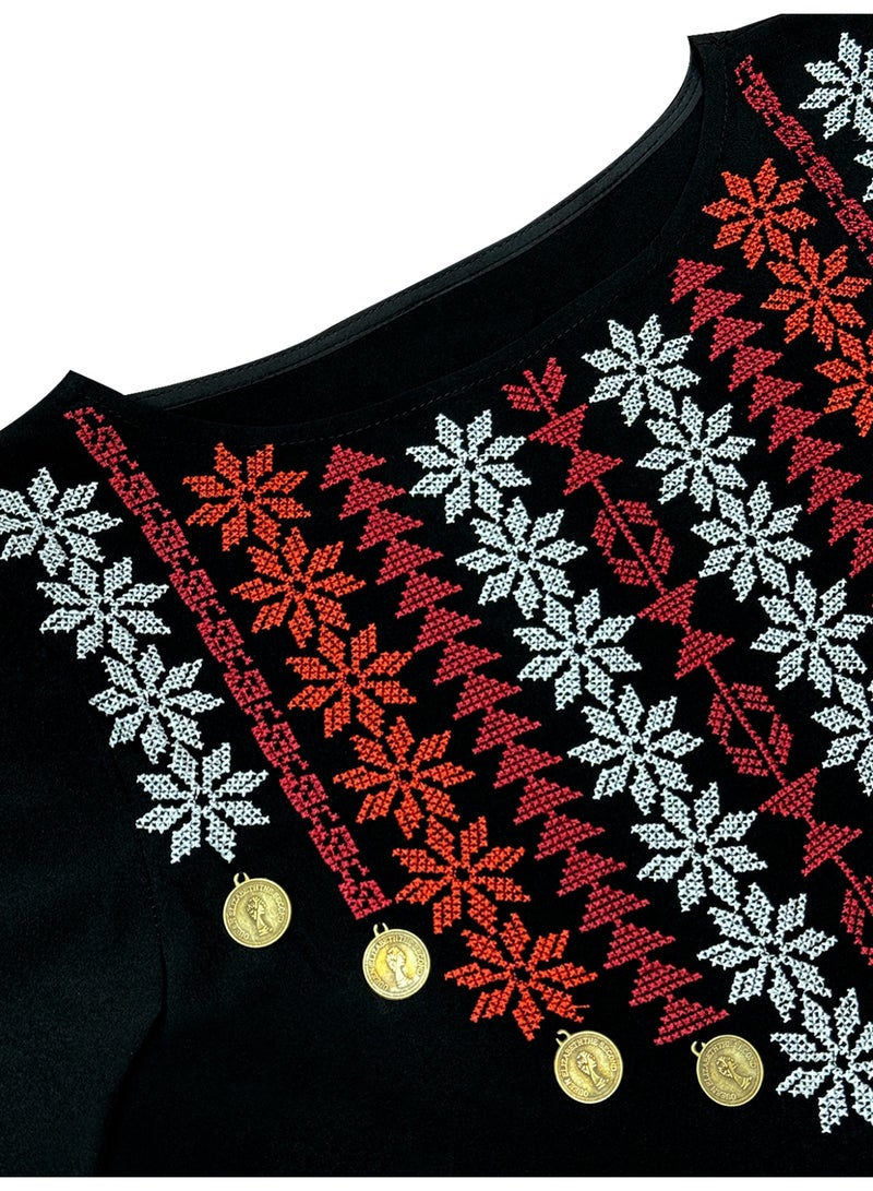 Women's Long Black Abaya with Embroidered Arabic Motifs - Image 3