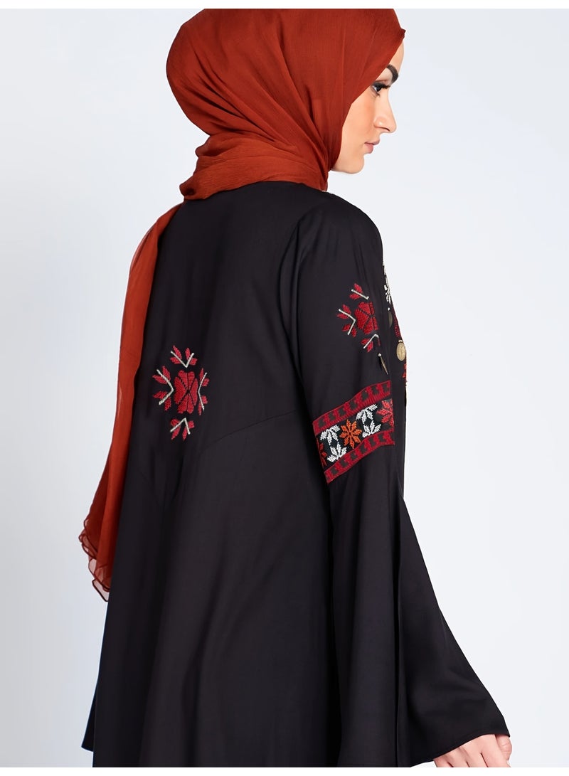 Women's Long Black Abaya with Embroidered Arabic Motifs - Image 4