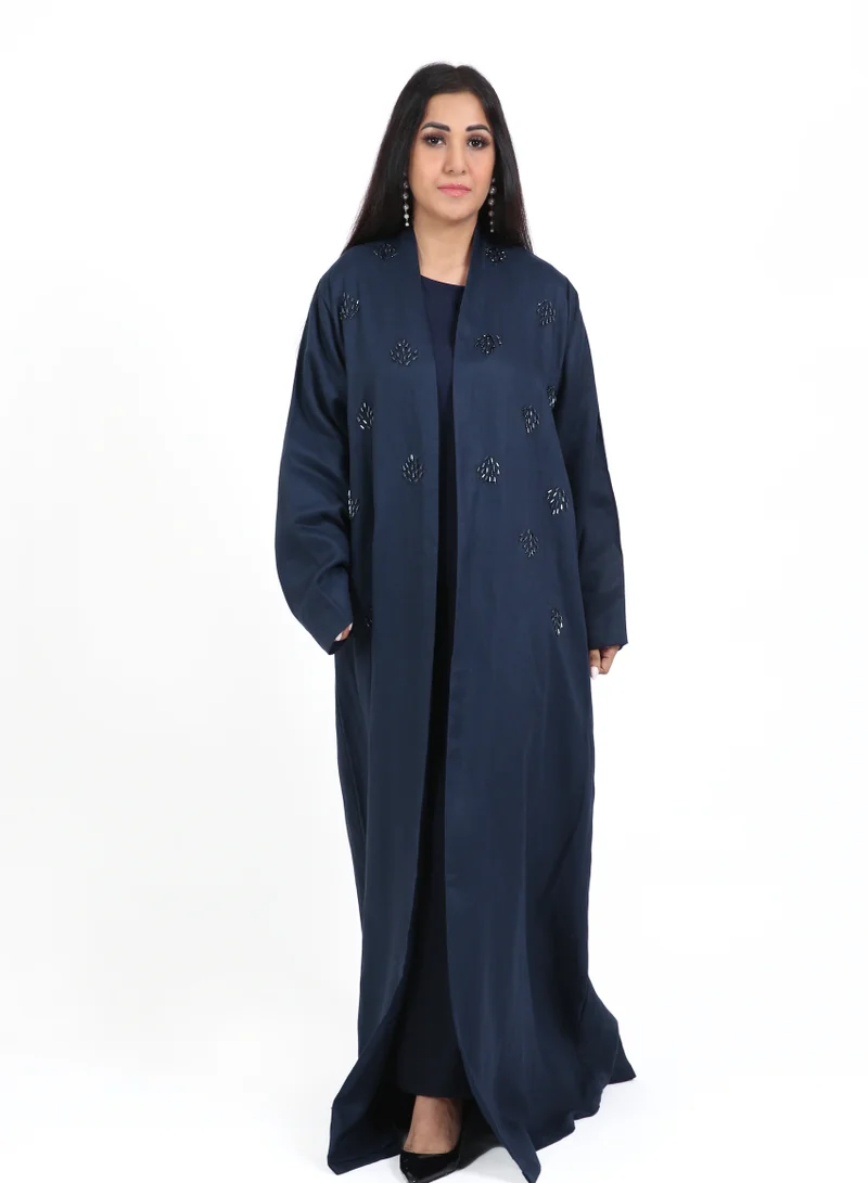 Nikias Navy Blue Linen Abaya with Crystal Handwork