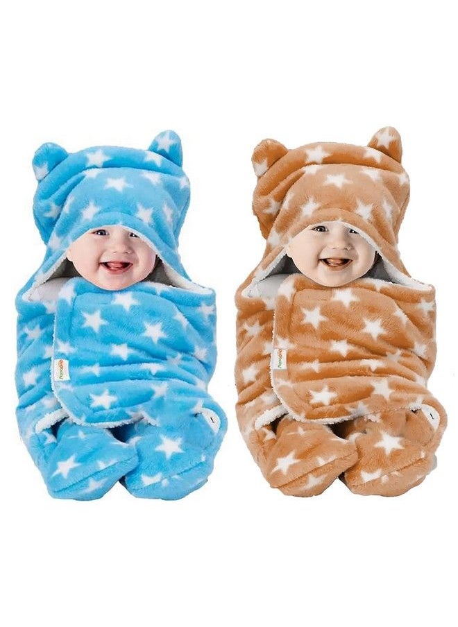 OYO BABY 3 In 1 Hooded Baby Blanket Wrapper Pack Of 2 (Star Beige + Blue) Swaddle For New Born ; All Season ; 0 6 Months ; Sleeping Bag ; Nursing Baby Gifts ; Bath Robe ; Multipurpose Comforter  - Image 1