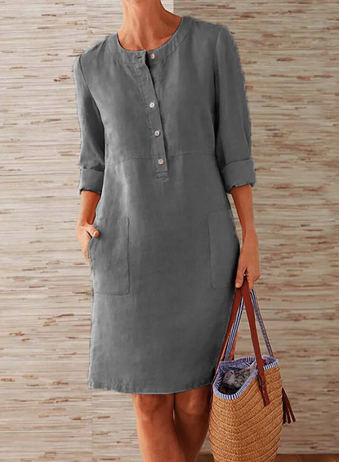 SIMPLEE Spring Cotton Linen Long Sleeve Dress