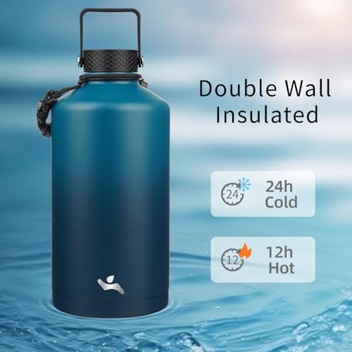 Konokyo Gallon Insulated Water Bottle with Straw,128 oz 3 Lids Water Jug with Carrying Bag,Paracord Handle, Double Wall Vacuum Stainless Steel Metal Flask,Indigo Black - Image 2