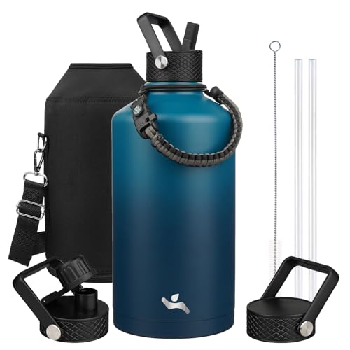 Konokyo Gallon Insulated Water Bottle with Straw,128 oz 3 Lids Water Jug with Carrying Bag,Paracord Handle, Double Wall Vacuum Stainless Steel Metal Flask,Indigo Black - Image 1