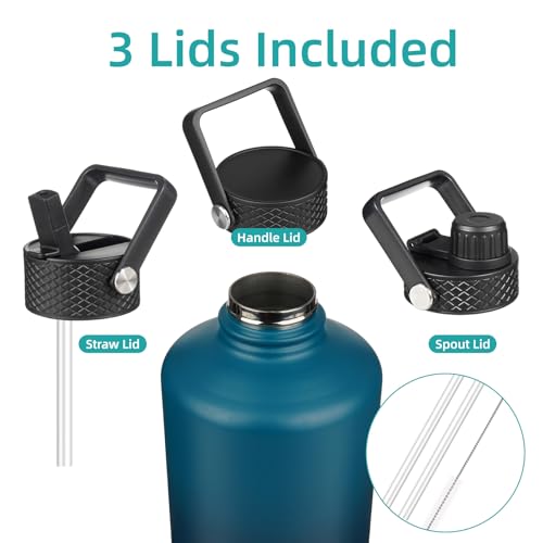 Konokyo Gallon Insulated Water Bottle with Straw,128 oz 3 Lids Water Jug with Carrying Bag,Paracord Handle, Double Wall Vacuum Stainless Steel Metal Flask,Indigo Black - Image 4