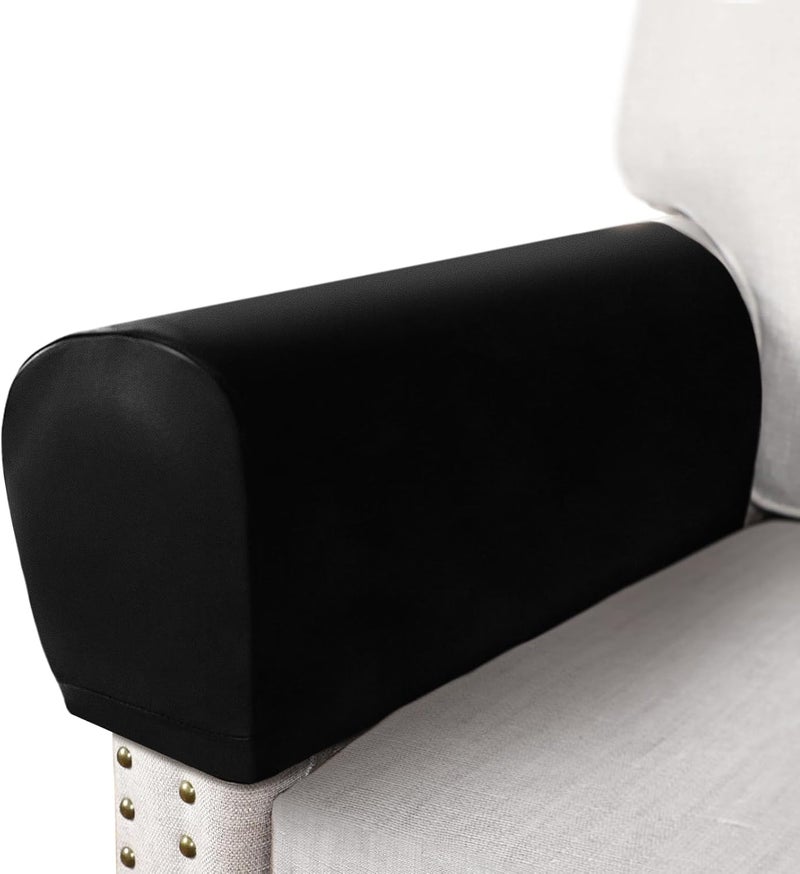 ANARACHON PU Leather Armrest Covers for Sofa Couch Arm Slipcover Set of 2 Stretch Armchair Cover Washable Anti Slip Furniture Protector for Sofas Chairs Recliner Waterproof Spandex Fabric (Medium, Black) - Image 1
