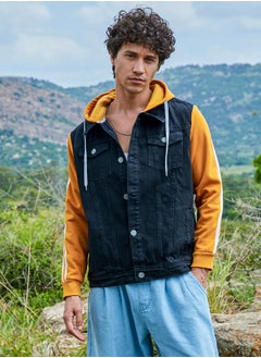 Campus Sutra Men's Blue & Mustard Yellow Medium-Wash Denim Jacket With Sweatshirt Sleeve  - Image 2