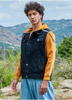 Campus Sutra Men's Blue & Mustard Yellow Medium-Wash Denim Jacket With Sweatshirt Sleeve  - Image 3