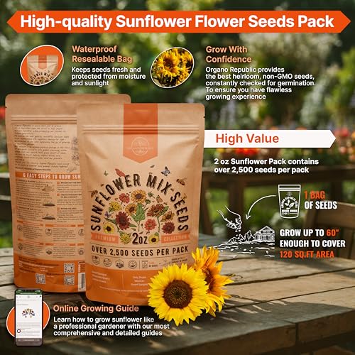 Organo Republic Sunflower Mix Seeds Pack 2 oz - Over 2,500 Non-GMO Heirloom Sunflower Seeds for Planting, Annual Flowers in Individual Seed Packet for Planting Home Garden Indoor & Outdoor Gardening - Image 2