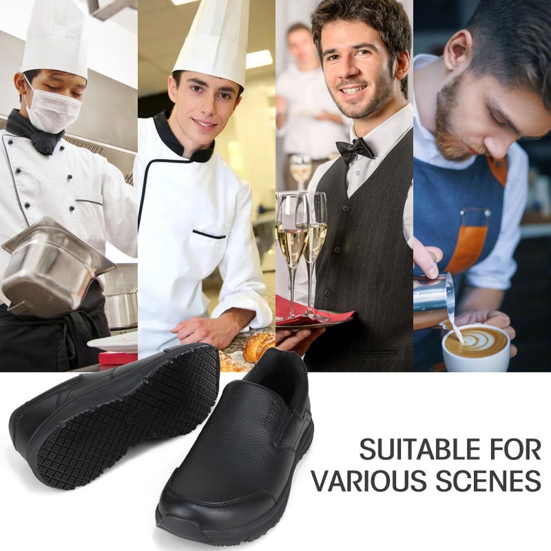 Jacata Non Slip Work Shoes for Men, Water Resistant Leather Mens Food Service Chef Shoes, Slip on Restaurant Kitchen Sneakers (Size 11) Black - Image 2