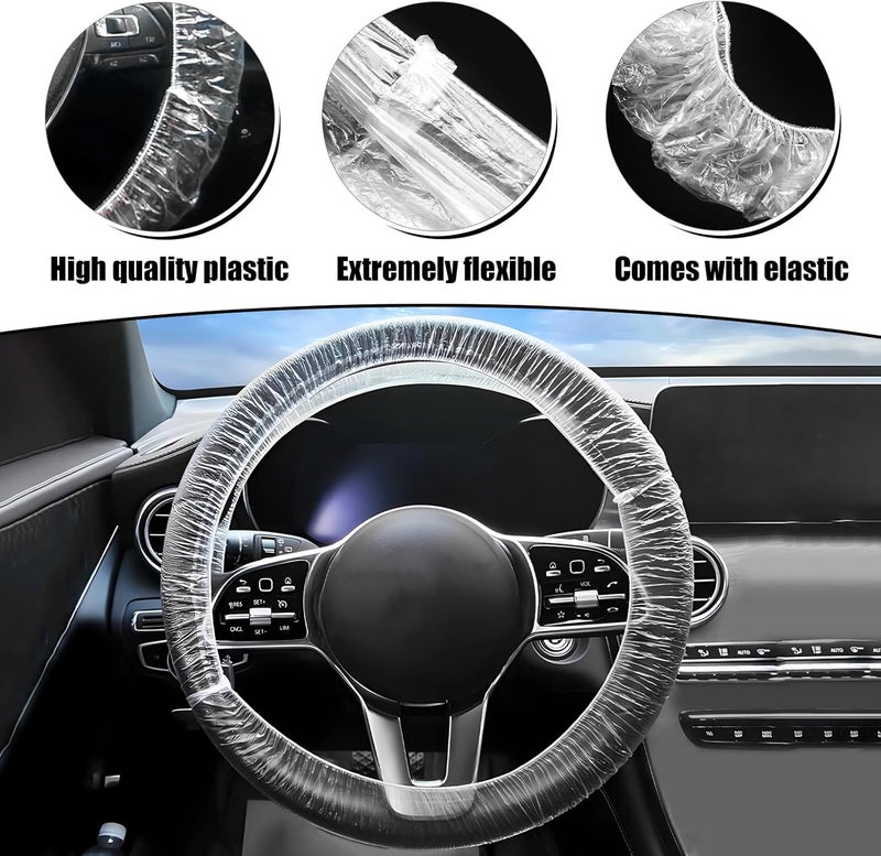100 قطعة من أغطية عجلة القيادة القابلة للاستخدام مرة واحدة، أغطية عجلة قيادة بلاستيكية شفافة مع حواف مرنة، واقي عجلة قيادة عالمي، إكسسوارات داخلية للسيارة - Image 3