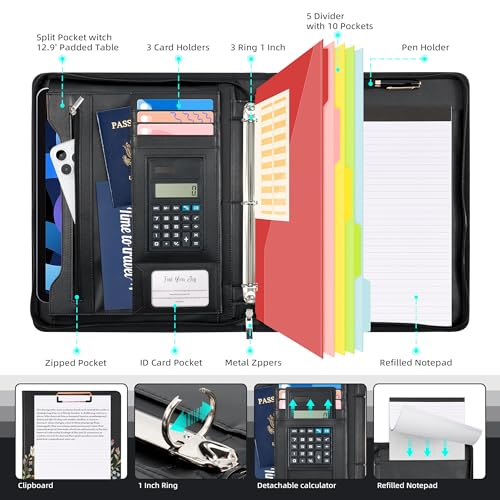Ospelelf Leather Portfolio Folder with Zipper - 3 Ring Binder with Clipbard - Calculator, 12.1” Tablet Sleeve, 5 Dividers with 10 Pockets, Refillable Notepad, Card Holder (Bushes) - Image 3