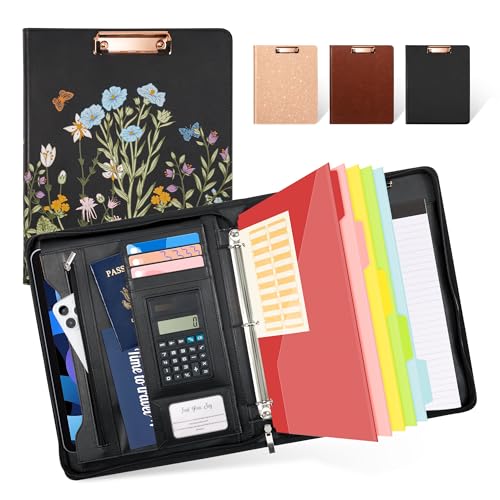 Ospelelf Leather Portfolio Folder with Zipper - 3 Ring Binder with Clipbard - Calculator, 12.1” Tablet Sleeve, 5 Dividers with 10 Pockets, Refillable Notepad, Card Holder (Bushes) - Image 1