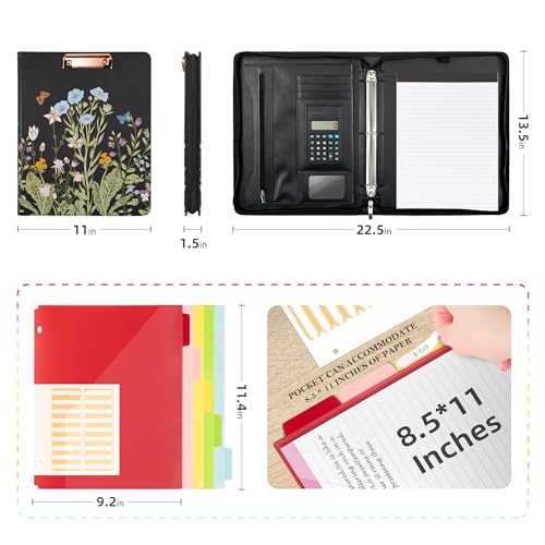 Ospelelf Leather Portfolio Folder with Zipper - 3 Ring Binder with Clipbard - Calculator, 12.1” Tablet Sleeve, 5 Dividers with 10 Pockets, Refillable Notepad, Card Holder (Bushes) - Image 2