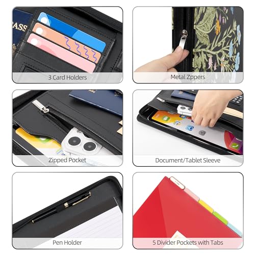 Ospelelf Leather Portfolio Folder with Zipper - 3 Ring Binder with Clipbard - Calculator, 12.1” Tablet Sleeve, 5 Dividers with 10 Pockets, Refillable Notepad, Card Holder (Bushes) - Image 4