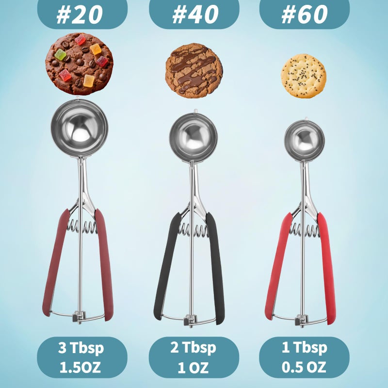 JETONN Cookie Scoops for Baking Set of 3, 18/8 Stainless Steel Ice Cream Scoop, 1 Tbsp/2 Tbsp/3 Tbsp Cookie Dough Scoop, Red/Black/Burgundy Non-slip Grip, for Cookie Cupcake Muffin Ice Cream - Image 4
