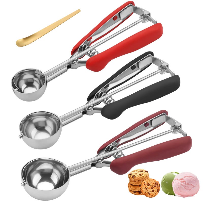 JETONN Cookie Scoops for Baking Set of 3, 18/8 Stainless Steel Ice Cream Scoop, 1 Tbsp/2 Tbsp/3 Tbsp Cookie Dough Scoop, Red/Black/Burgundy Non-slip Grip, for Cookie Cupcake Muffin Ice Cream - Image 1