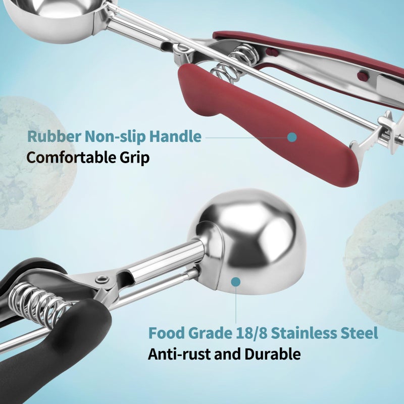 JETONN Cookie Scoops for Baking Set of 3, 18/8 Stainless Steel Ice Cream Scoop, 1 Tbsp/2 Tbsp/3 Tbsp Cookie Dough Scoop, Red/Black/Burgundy Non-slip Grip, for Cookie Cupcake Muffin Ice Cream - Image 3