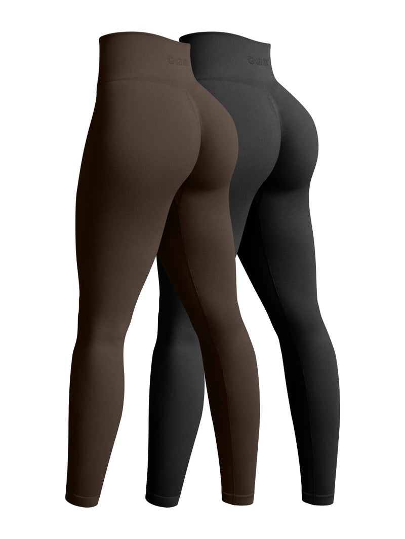 OQQ Women's 2 Piece Yoga Legging Seamless Workout High Waist Butt Liftings Athletic Leggings Black Darkbrown - Image 1
