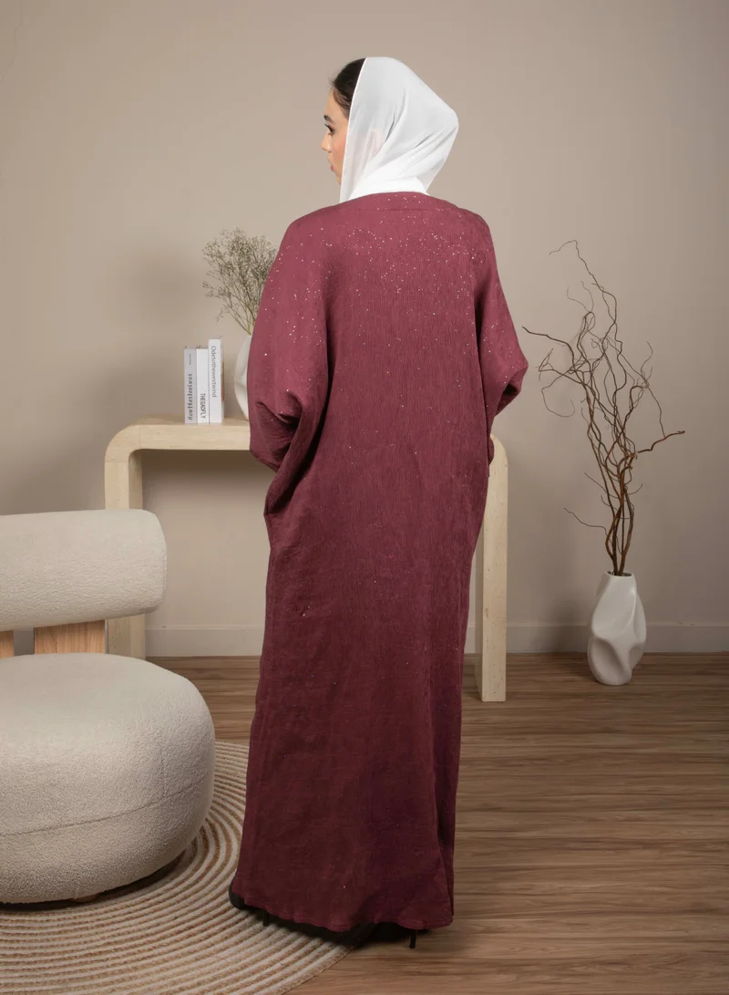 MSquare Fashion Soft Maroon Lenin Pleated Shimmer Abaya