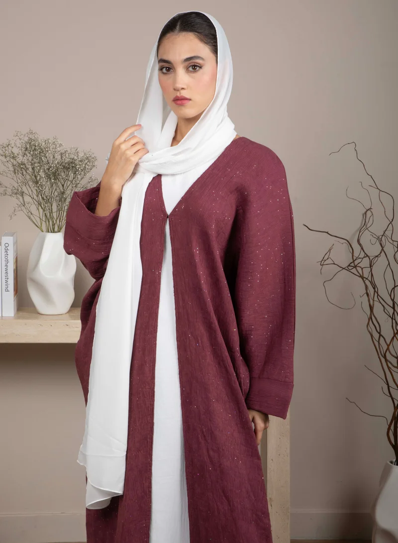 MSquare Fashion Soft Maroon Lenin Pleated Shimmer Abaya