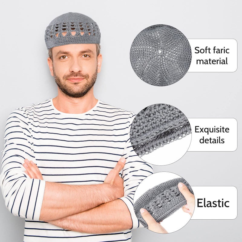 Boyiee Kufi Hat for Men Muslim Knit Kufi Cap Crochet Beanie Skull Beanie African Hat for Men Women(Black, White, Gray, Brown,Classic Style) - Image 4