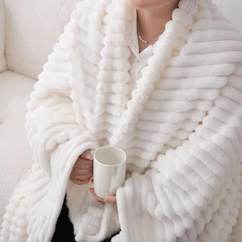Linecooo Cream White Fleece Throw Blanket 50”×60” for Couch Sofa Bed,Super Soft Cozy Plush Microfiber Flannel Blanket with Stripes Design Lightweight for Adults,Woman,Girls - Image 4
