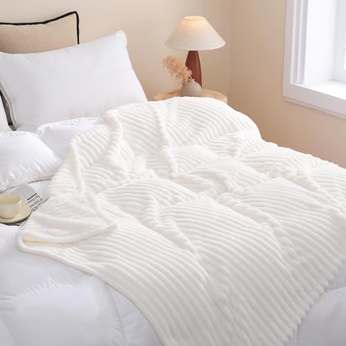 Linecooo Cream White Fleece Throw Blanket 50”×60” for Couch Sofa Bed,Super Soft Cozy Plush Microfiber Flannel Blanket with Stripes Design Lightweight for Adults,Woman,Girls - Image 3