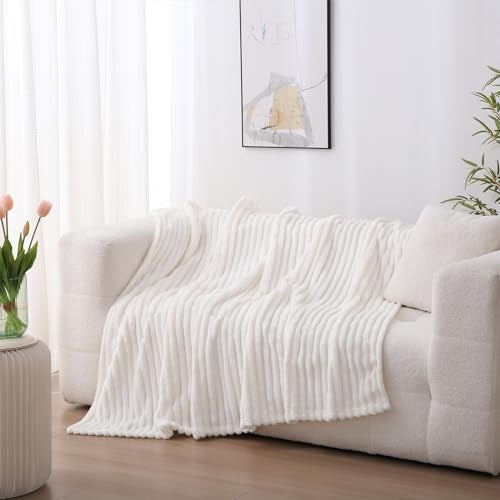 Linecooo Cream White Fleece Throw Blanket 50”×60” for Couch Sofa Bed,Super Soft Cozy Plush Microfiber Flannel Blanket with Stripes Design Lightweight for Adults,Woman,Girls - Image 2